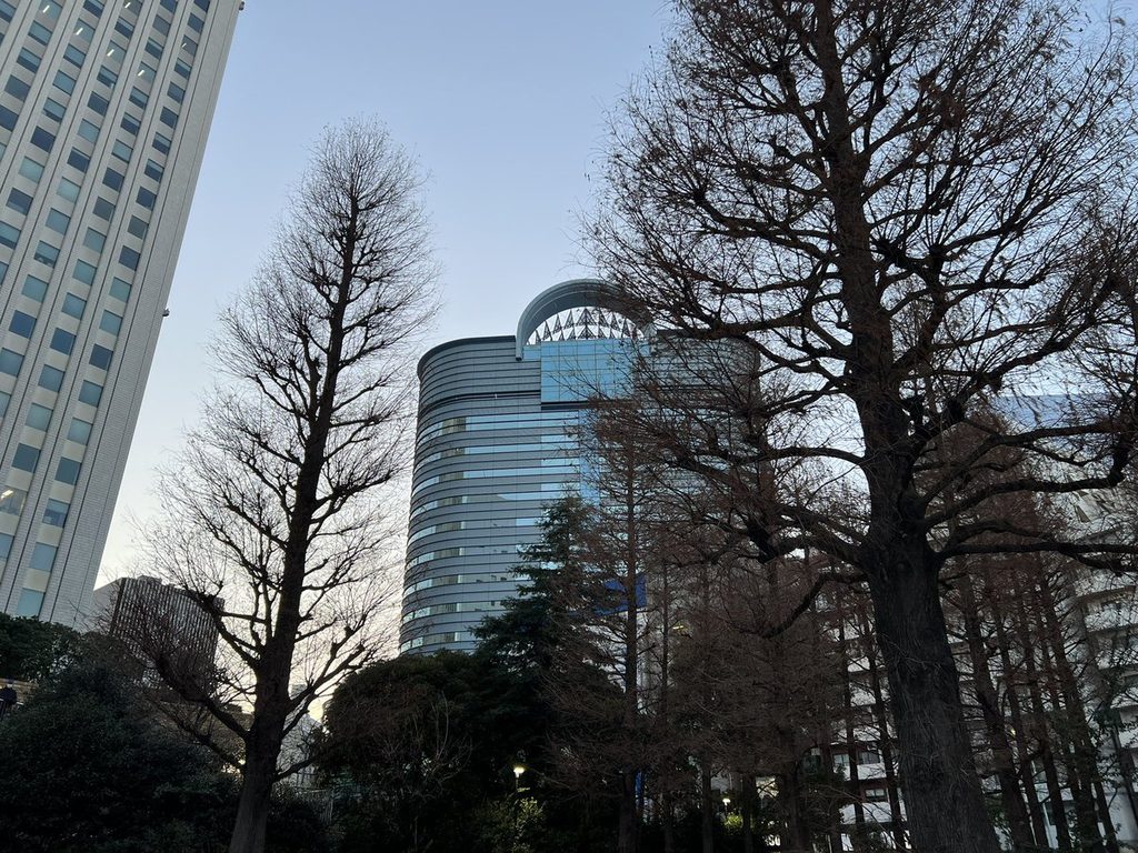 夕暮れの東池袋中央公園。冬枯れの木立の向こうにビルが見える