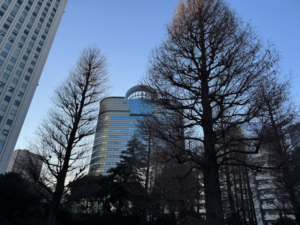 冬枯れの木立と、その向こうに見える東池袋のビル